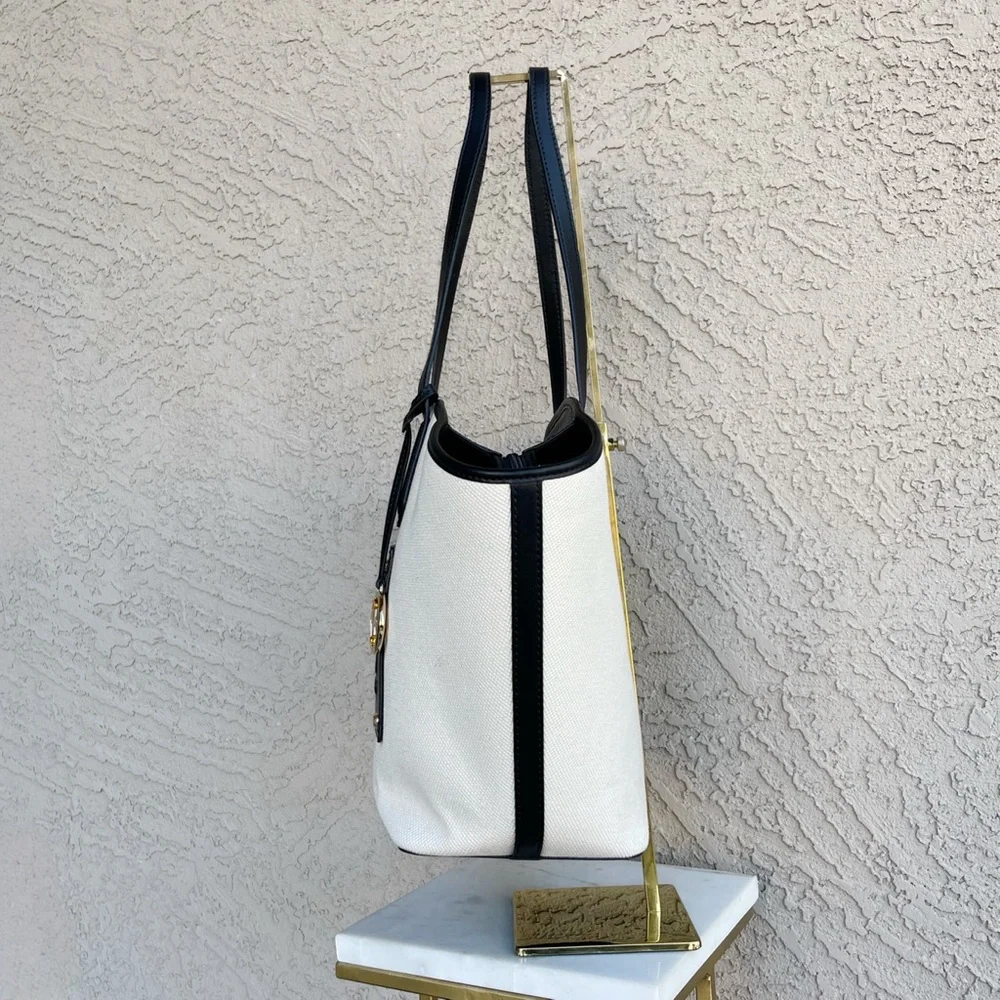MICHAEL KORS Neutral Cream & Black Large Canvas Leather Kimber Logo Tote Bag